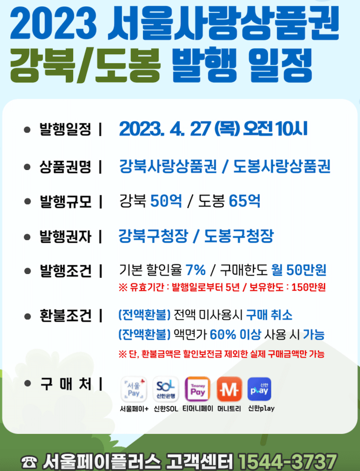 서울사랑상품권 강북 도봉 추가발행 2023년 4월