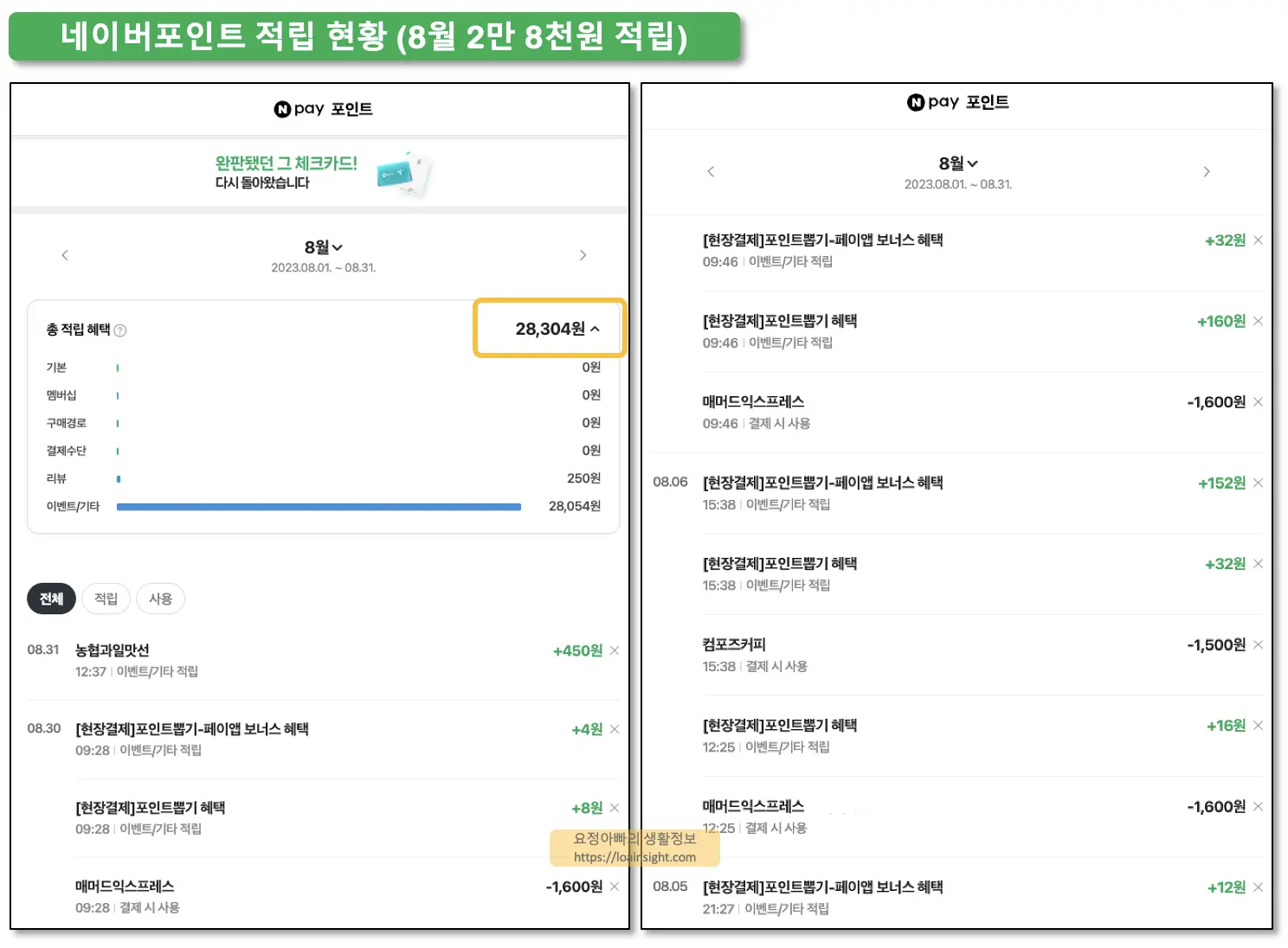 네이버페이 포인트 사용처 적립 현황 8월